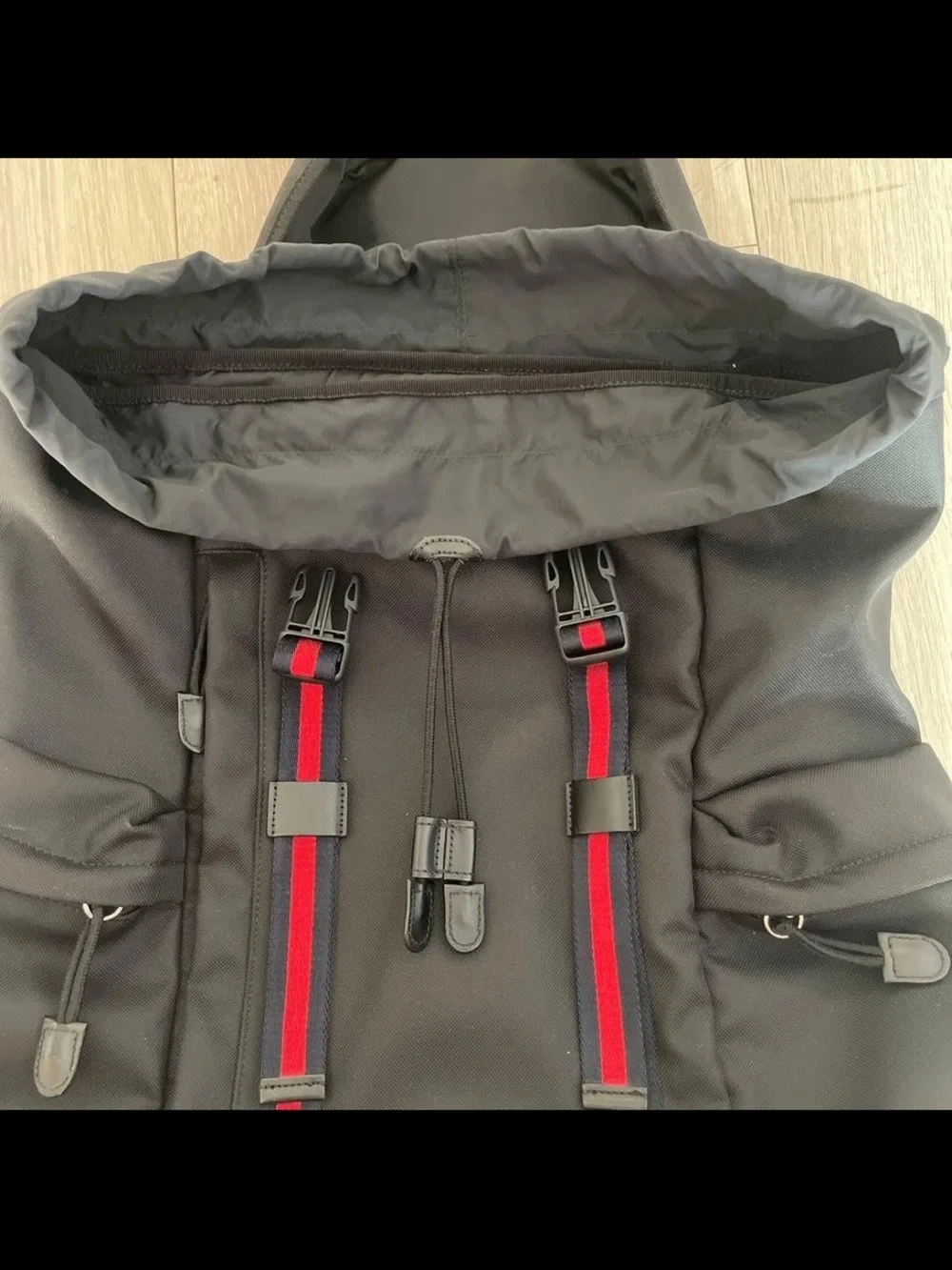 Gucci Black Backpack with Red and Green Stripe Accents